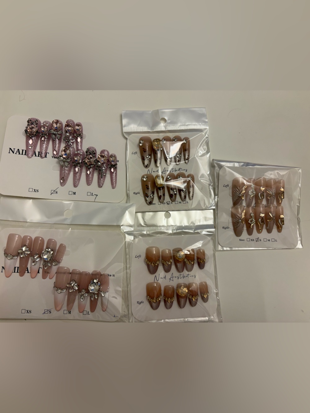 5 Set Press-On Nails Size S – Cute Y2K pink Mixed Designs, Glossy
